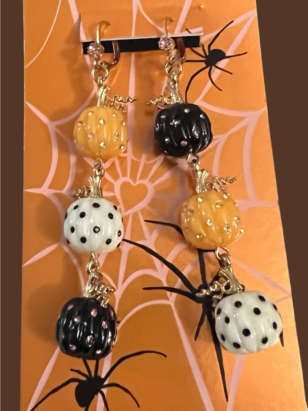 Betsey Johnson Black, White & Orange Pumpkin Drop Earrings